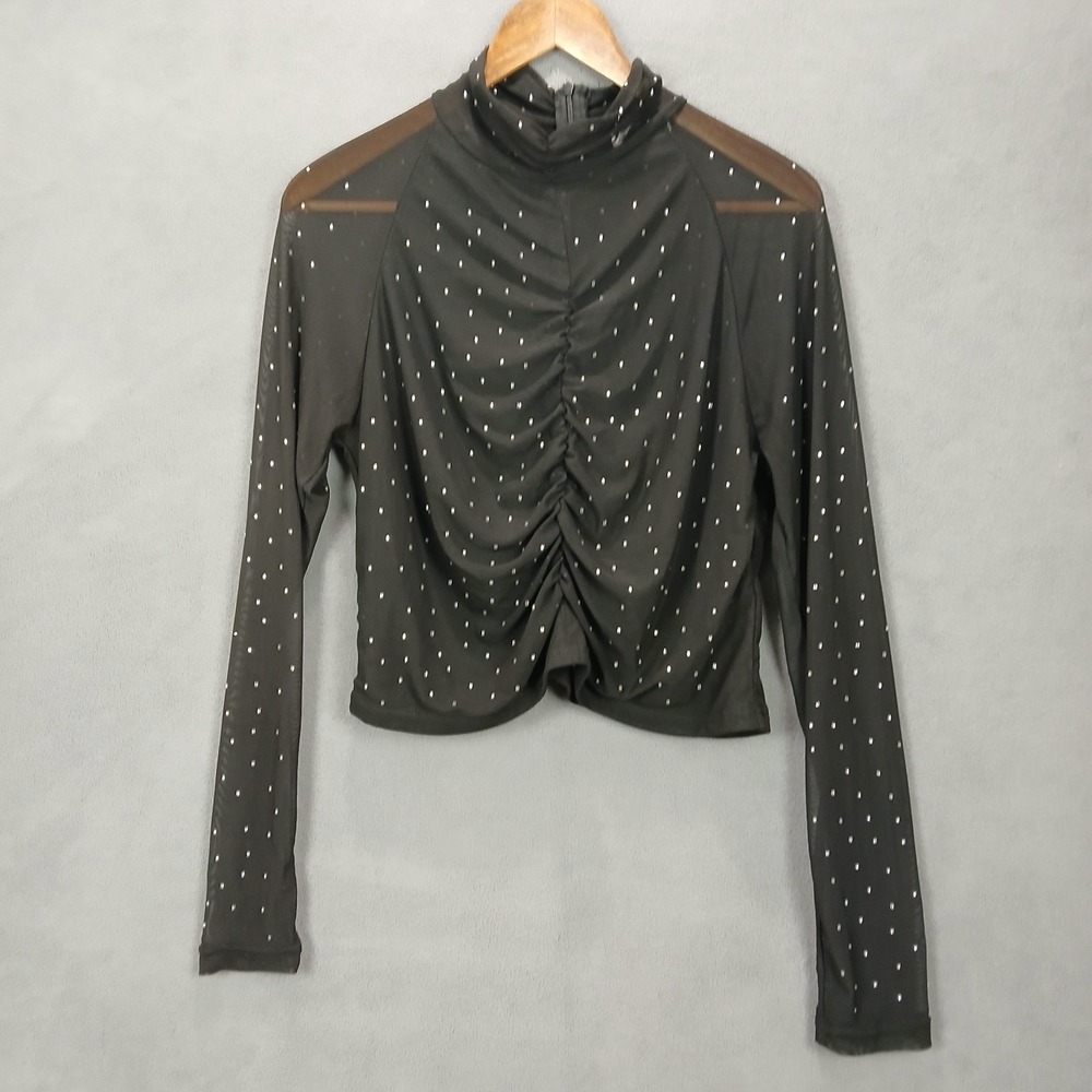 Riley & James Sparkly Top Women 2X Black Mesh Rhinestone Ruched Details Back Zip